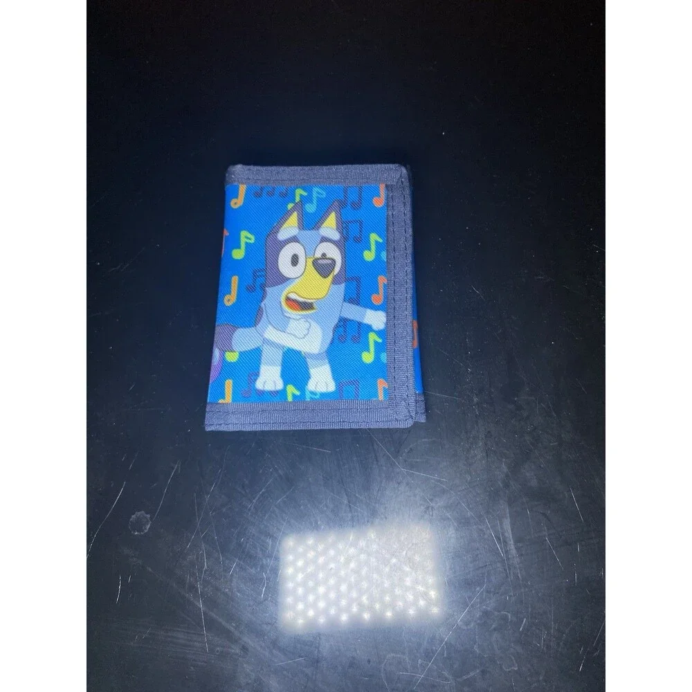Bluey & Bingo Kids Trifold Wallet Blue Musical Notes Hook And Loop Zipper Pocket